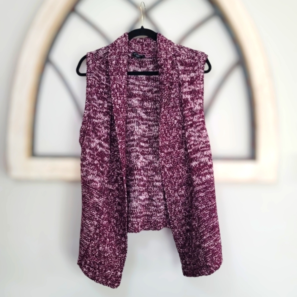 Erika Ladies Sleeveless Open Front Tweed Cardigan Sweater Garnet Large (L)